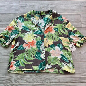 Volcom Womens Green Gray Floral Hawaiian Button Down Shirt Size Small‎ NWT